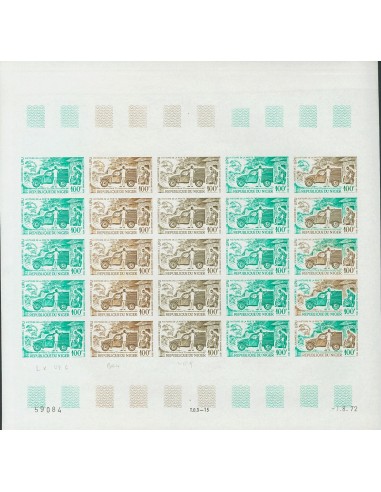 Níger, Aéreo. **Yv 194(25). 1972. 100 f multicolor, hoja completa de veinticinco sellos. ENSAYOS DE COLOR y SIN DENTAR, en dif