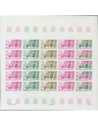 Níger, Aéreo. **Yv 194(25). 1972. 100 f multicolor, hoja completa de veinticinco sellos. ENSAYOS DE COLOR y SIN DENTAR, en dif