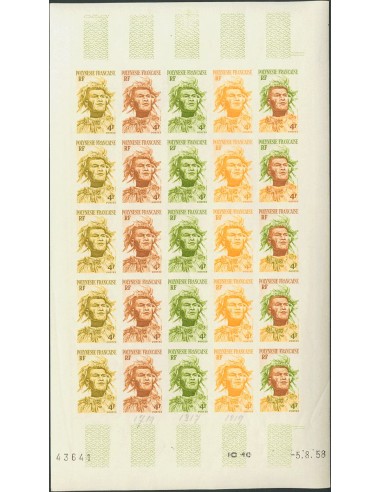 Polinesia. **Yv 5(25). 1958. 4 f multicolor, hoja completa de veinticinco sellos. ENSAYOS DE COLOR y SIN DENTAR, en diferentes