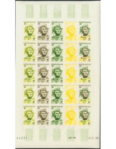 Polinesia. **Yv 5(25). 1958. 4 f multicolor, hoja completa de veinticinco sellos. ENSAYOS DE COLOR y SIN DENTAR, en diferentes