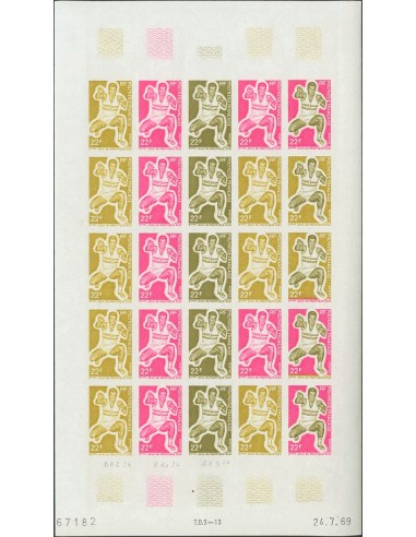 Polinesia. **Yv 69(25). 1969. 22 f multicolor, hoja completa de veinticinco sellos. ENSAYOS DE COLOR y SIN DENTAR, en diferent
