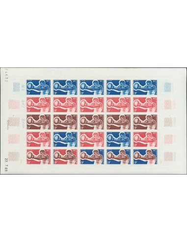 Polinesia. **Yv 66(25). 1969. 9 f multicolor, hoja completa de veinticinco sellos. ENSAYOS DE COLOR y SIN DENTAR, en diferente