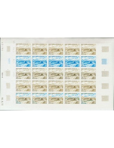 San Pedro y Miquelón. **Yv 432(25). 1973. 1 f multicolor, hoja completa de veinticinco sellos. ENSAYOS DE COLOR y SIN DENTAR,
