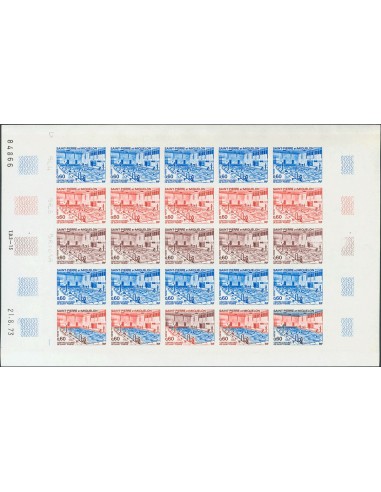 San Pedro y Miquelón. **Yv 431(25). 1973. 60 cts multicolor, hoja completa de veinticinco sellos. ENSAYOS DE COLOR y SIN DENTA
