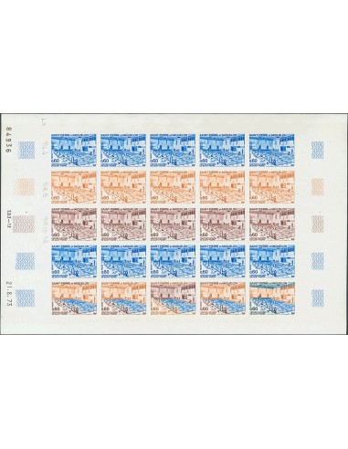 San Pedro y Miquelón. **Yv 431(25). 1973. 60 cts multicolor, hoja completa de veinticinco sellos. ENSAYOS DE COLOR y SIN DENTA