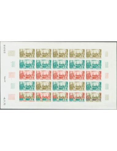 San Pedro y Miquelón. **Yv 409(25). 1970. 34 f multicolor, hoja completa de veinticinco sellos. ENSAYOS DE COLOR y SIN DENTAR,