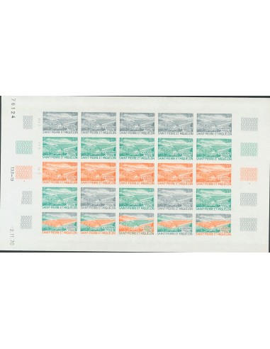 San Pedro y Miquelón. **Yv 408(25). 1970. 30 f multicolor, hoja completa de veinticinco sellos. ENSAYOS DE COLOR y SIN DENTAR,