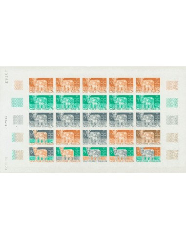 San Pedro y Miquelón. **Yv 407(25). 1970. 15 fr multicolor, hoja completa de veinticinco sellos. ENSAYOS DE COLOR y SIN DENTAR