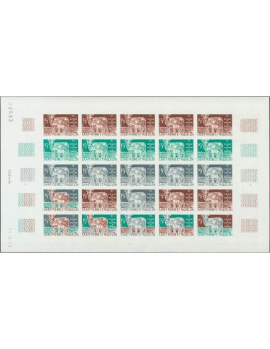 San Pedro y Miquelón. **Yv 407(25). 1970. 15 fr multicolor, hoja completa de veinticinco sellos. ENSAYOS DE COLOR y SIN DENTAR