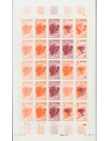 Andorra Francesa. **Yv 187(25). 1968. 40 cts multicolor, hoja completa de veinticinco sellos. ENSAYOS DE COLOR y SIN DENTAR, e