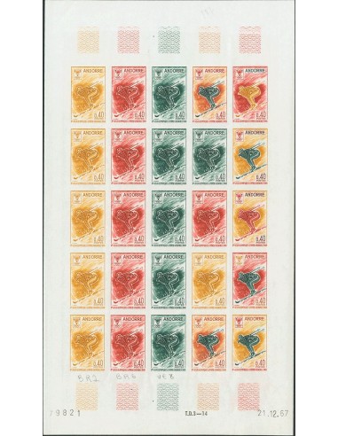 Andorra Francesa. **Yv 187(25). 1968. 40 cts multicolor, hoja completa de veinticinco sellos. ENSAYOS DE COLOR y SIN DENTAR, e