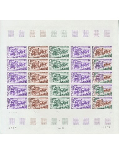 Nueva Caledonia. **Yv 146(25). 1973. 15 f multicolor, hoja completa de veinticinco sellos. ENSAYOS DE COLOR y SIN DENTAR, en d