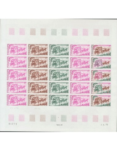 Nueva Caledonia. **Yv 146(25). 1973. 15 f multicolor, hoja completa de veinticinco sellos. ENSAYOS DE COLOR y SIN DENTAR, en d
