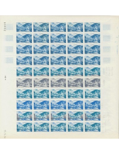 Francia. **Yv 976(50). 1954. 6 f multicolor, hoja completa de cincuenta sellos. ENSAYOS DE COLOR y SIN DENTAR, en diferentes c