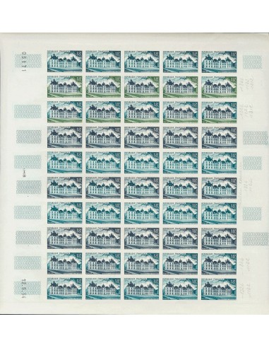 Francia. **Yv 980(50). 1954. 18 f multicolor, hoja completa de cincuenta sellos. ENSAYOS DE COLOR y SIN DENTAR, en diferentes