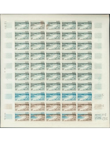 Francia. **Yv 978(50). 1954. 10 f multicolor, hoja completa de cincuenta sellos. ENSAYOS DE COLOR y SIN DENTAR, en diferentes