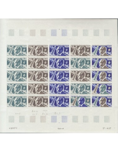Francia. **Yv 1526(25). 1967. 60 cts multicolor, hoja completa de veinticinco sellos. ENSAYOS DE COLOR y SIN DENTAR, en difere
