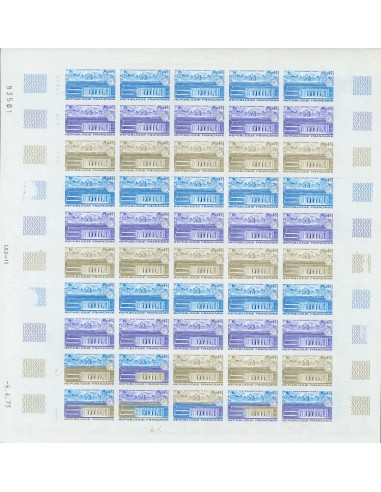 Francia. **Yv 1750(50). 1975. 45 cts multicolor, hoja completa de cincuenta sellos. ENSAYOS DE COLOR y SIN DENTAR, en diferent