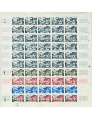 Francia. **Yv 1150(50). 1958. 20 cts multicolor, hoja completa de cincuenta sellos. ENSAYOS DE COLOR y SIN DENTAR, en diferent