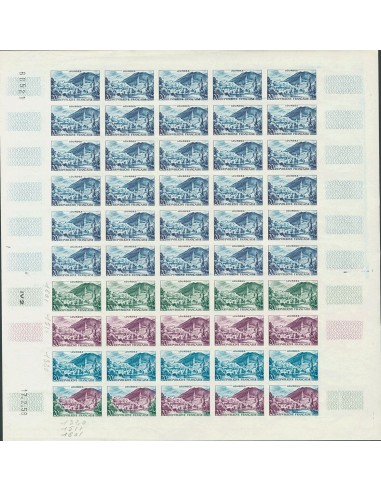 Francia. **Yv 1150(50). 1958. 20 cts multicolor, hoja completa de cincuenta sellos. ENSAYOS DE COLOR y SIN DENTAR, en diferent