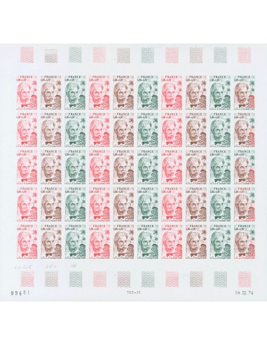 Francia. **Yv 1824(50). 1975. 80 cts + 20 cts multicolor, hoja completa de cincuenta sellos. ENSAYOS DE COLOR y SIN DENTAR, en