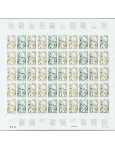 Francia. **Yv 1826(50). 1975. 80 cts + 20 cts multicolor, hoja completa de cincuenta sellos. ENSAYOS DE COLOR y SIN DENTAR, en