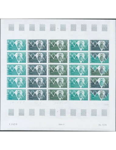 Francia. **Yv 1797(25). 1974. 1 f + 10 cts multicolor, hoja completa de veinticinco sellos. ENSAYOS DE COLOR y SIN DENTAR, en