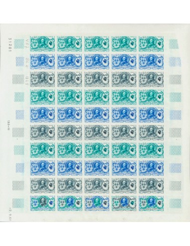 Francia. **Yv 1572(50). 1968. 25 cts multicolor, hoja completa de cincuenta sellos. ENSAYOS DE COLOR y SIN DENTAR, en diferent
