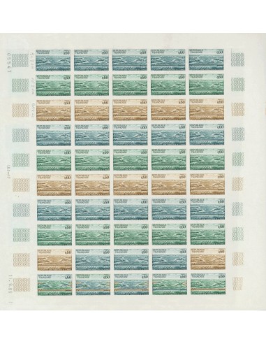 Francia. **Yv 1507(50). 1966. 60 cts multicolor, hoja completa de cincuenta sellos. ENSAYOS DE COLOR y SIN DENTAR, en diferent