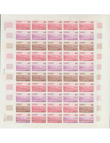 Francia. **Yv 1507(50). 1966. 60 cts multicolor, hoja completa de cincuenta sellos. ENSAYOS DE COLOR y SIN DENTAR, en diferent