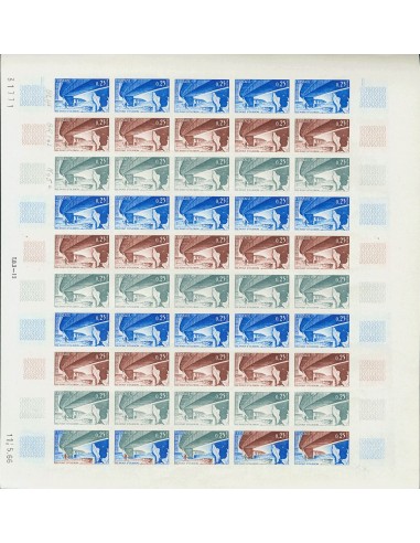 Francia. **Yv 1489(50). 1966. 25 cts multicolor, hoja completa de cincuenta sellos. ENSAYOS DE COLOR y SIN DENTAR, en diferent