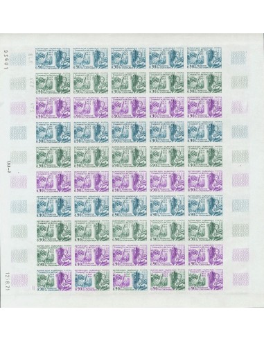 Francia. **Yv 1691(50). 1971. 90 cts multicolor, hoja completa de cincuenta sellos. ENSAYOS DE COLOR y SIN DENTAR, en diferent