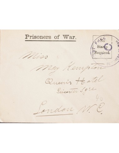 Gran Bretaña. Sobre Yv . (1919ca). Sobre pre-impreso PRISONERS OF WAR / NO STAMP REQUIRED dirigido a LONDRES. Marca POST FREE