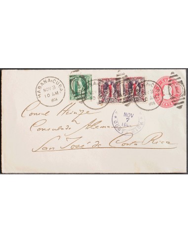 Cuba, Entero Postal. Sobre Yv 142, 147(2). 1904. 2 ctvos rosa sobre Entero Postal de LA HABANA a SAN JOSE (COSTA RICA), con fr