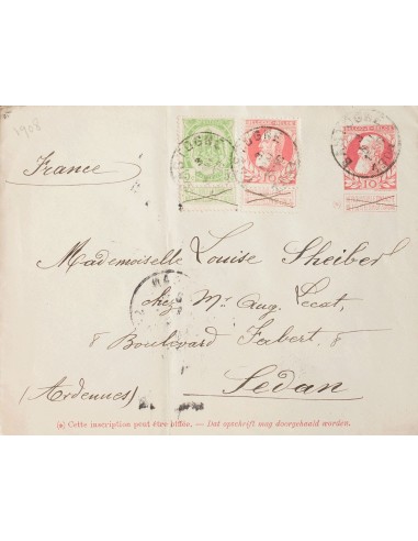 Bélgica. Sobre Yv 74, 83. 1908. 10 cts rosa rojo sobre Entero Postal de BASTOGNE a SEDAN (FRANCIA), con franqueo complementari