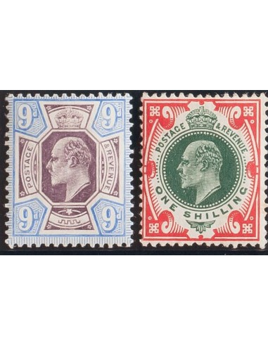 Gran Bretaña. *Yv 115, 117. 1902. 9 p azul y violeta y 1 s carmín y verde. MAGNIFICOS. (SG306, 309) Yvert 2014: 175 Euros.