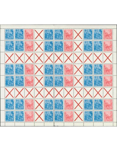 Alemania Oriental. **Yv 190, 191. 1955. 10 p azul y 20 p rojo carmín, pliego completo (plegado para su conservación en el guar