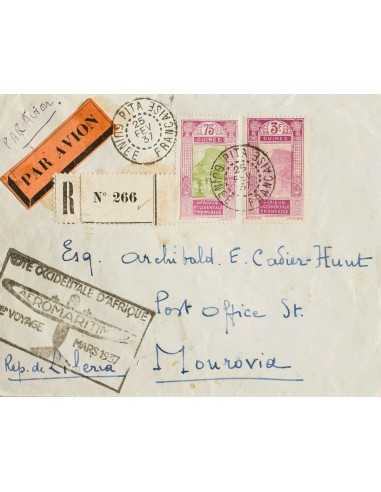 Guinea Francesa. Sobre Yv 110, 114. 1937. 75 cts lila rosa y verde y 3 fr lila rosa. Certificado de PITA (GUINEA FRANCESA) a M