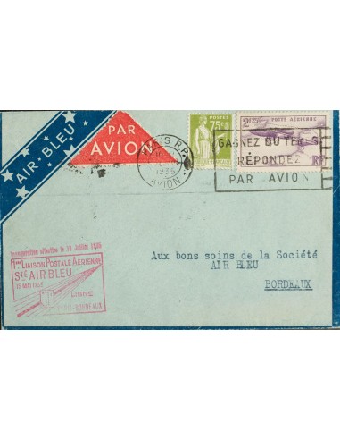 Francia, Aéreo. Sobre Yv 7. 1935. 2´25 fr lila y 75 cts verde oliva. Correo Aéreo de PARIS a BURDEOS. En el frente marca 1º LI