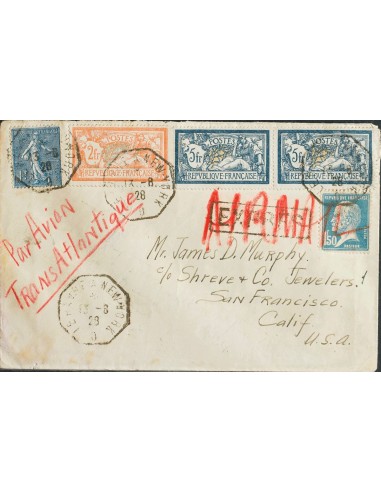Francia. Sobre Yv 123(2), 145, 181, 205. 1928. 5 fr azul y bistre, dos sellos, 2 fr naranja y verde, 1´5 fr azul y 1 fr azul.