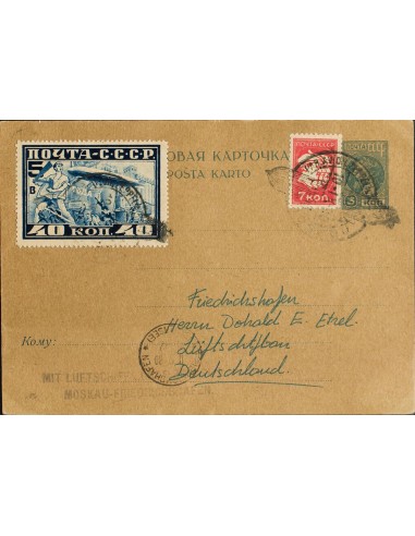 Rusia. Sobre Yv 428, Aéreo 20. 1930. 3 k azul sobre Tarjeta Entero Postal Graf Zeppelin de MOSCU a FRIEDRICHSHAFEN (ALEMANIA),