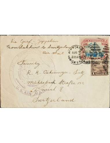 Estados Unidos. Sobre Yv 246, Aéreo 11. 1929. 1 $ violeta y 5 ctvos carmín y azul. Graf Zeppelin de NUEVA YORK a ZURICH (SUIZA
