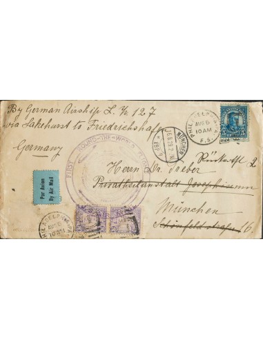 Estados Unidos. Sobre Yv 232, 245(2). 1929. 5 ctvos azul y 50 ctvos violeta, dos sellos (manchitas del tiempo). Graf Zeppelin