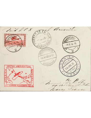 Sarre, Aéreo. Sobre Yv 1(4), 2(2). 1930. 50 cts rojo carmín, cuatro sellos (tres al dorso), 1 fr violeta (dos sellos al dorso)