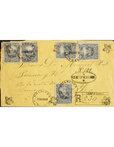 Perú. Sobre Yv 79(5). 1888. 10 ctvos gris negro, cinco sellos. Certificado de HUANCAVELICA a YCA. Matasello HUANCVCA / PRAL, e