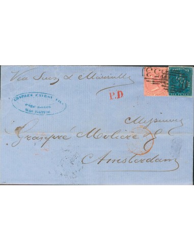 Mauricio. Sobre Yv 25, 17. 1861. 4 p rosa y 6 p azul. PORT-LOUIS a AMSTERDAM (HOLANDA). Matasello NUMERAL B53, y en el frente