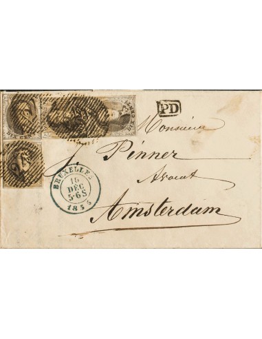 Bélgica. Sobre Yv 6(4). 1855. 10 cts castaño, dos parejas verticales. BRUSELAS a AMSTERDAM (HOLANDA). Matasello numeral "24".