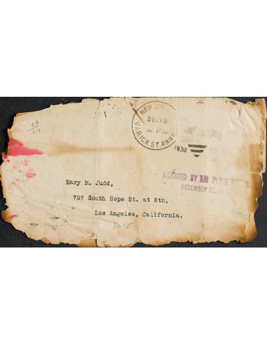 Correo Aéreo Accidentado. Sobre . 1930. Franqueada con sellos pero desprendidos en el accidente. NUEVA YORK a LOS ANGELES. Avi