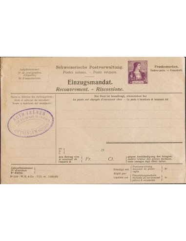 Suiza, Entero Postal Privado. (*). 1907. 15 cts violeta sobre Entero Postal Privado (Einzugsmandat o Recouvrement) sin circula