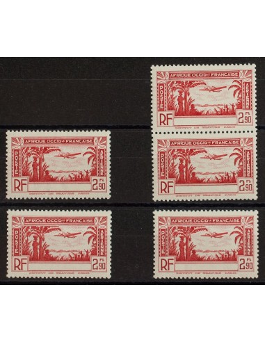 Costa de Marfil, Aéreo. **Yv 2a(5). 1940. 2´90 f rojo, cinco sellos. Sin leyenda COTE D´IVOIRE. MAGNIFICOS. Yvert 2013: 500 Eu
